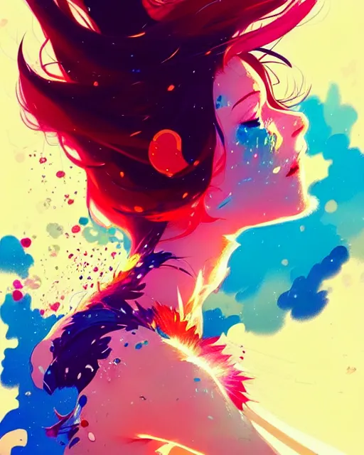 Image similar to a ultradetailed beautiful panting of a woman with a colorful explosion coming out of her hair, by conrad roset, greg rutkowski and makoto shinkai, trending on artstation
