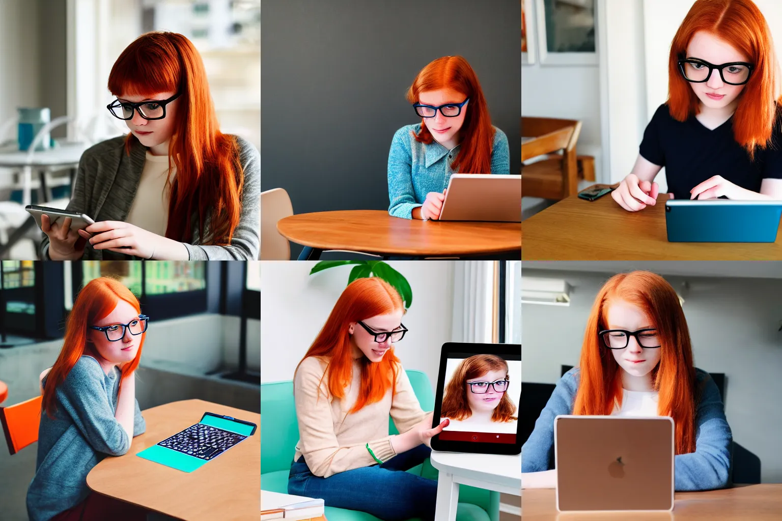 Prompt: a professional photo of ginger teen in glasses experiences her new e - ink tablet sitting behind a table, professional photo, iphone photo, vibrant colors, 4 k