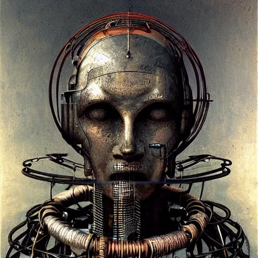 Prompt: portrait of old robot with a birdcage for a head by hr giger and beksinski, dark dull colors, super details
