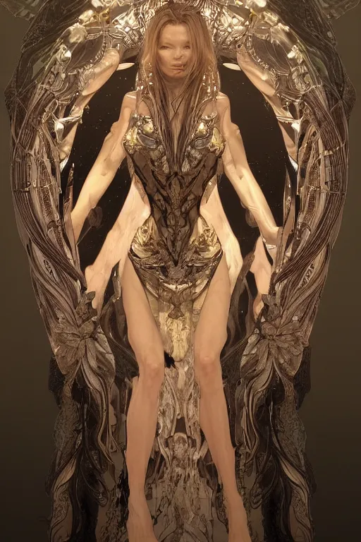 Prompt: a realistic dark photo of a beautiful ancient alien woman goddess kate moss in iris van herpen dress jewelery and fractals in style of alphonse mucha art nuvo dmt trending on artstation made in unreal engine 4