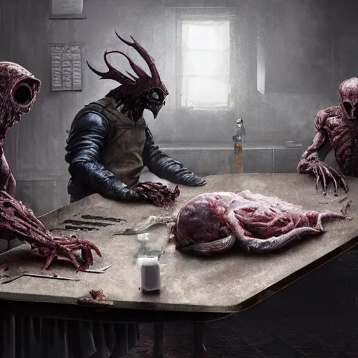 Prompt: two men eating meat in an old kitchen with a dead alien autopsy happening on the table, owl, crow by hr giger, greg rutkowski, luis royo and wayne barlowe as a diablo, resident evil, dark souls, bloodborne monster : : hyper realistic, ultrarealistic, realism, photoreal, 8 k : :