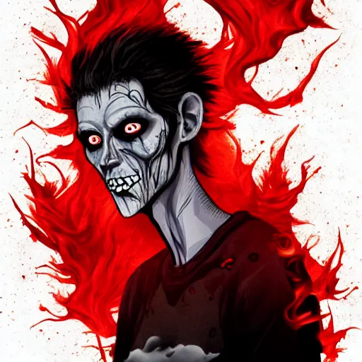 Image similar to An extremely skinny zombie man with burning yellow smokey eyes on a dusty haunting background with red and white smoke and dirt, in the style of artgerm and adam hughes