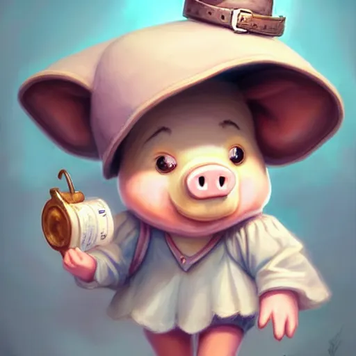 Image similar to cute little anthropomorphic funny female pig wearing shorts, a sunhat, boots and a pale blue shirt!! tiny!! fully clothed!!! small, short, cute and adorable, character art portrait, matte fantasy painting, deviantart artstation, by jason felix by steve argyle by tyler jacobson by peter mohrbacher, cinema