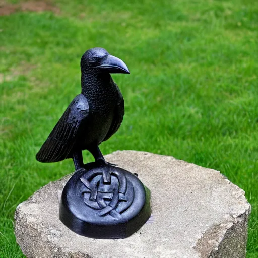 Image similar to sculpture of a black crow on a socket with celtic carvings