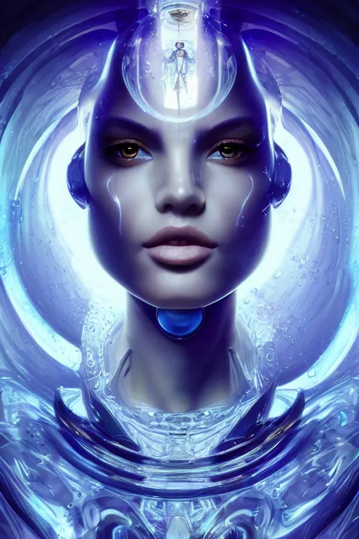 Prompt: a centered render of an alluring futuristic goddess with slight cyborg modifications surrounded by a underwater ink pour and flowing liquid gallium and sacred geometry, perfect body and face, powerful, cinematic, beautifully lit, by artgerm, by karol bak, 3 d, trending on artstation, octane render, 8 k