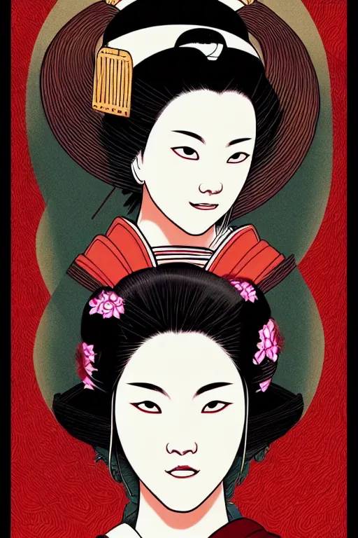 Image similar to a portrait of a japanese geisha, drawn by robbie trevino and dan mumford, poster, digital art, comic art, concept art, single head, no double head,