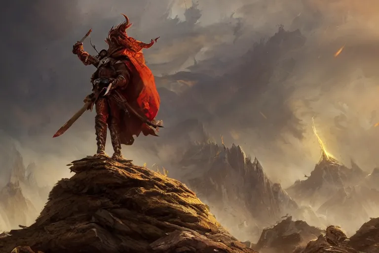 Prompt: warrior standing on top of a pile after battle is over, majestic, flowing cape, cinematic lighting, 4 k smooth, focus, concept art, highly detailed, artstation, trending, feng zhu, shaddy safadi, noah bradley, tyler edlin, jordan grimmer, darek zabrocki, neil blevins, tuomas korpi