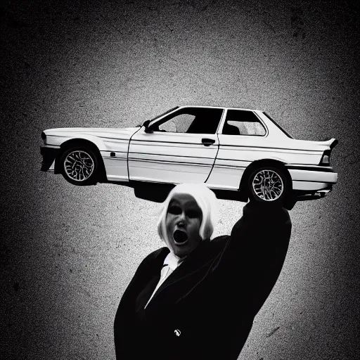 Prompt: Angry woman hold up in her hand BMW e30