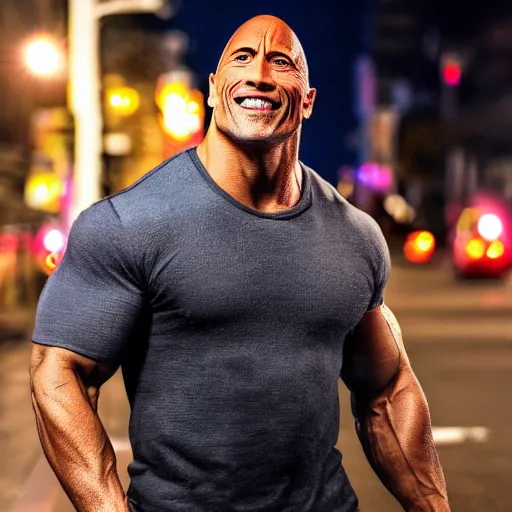 Image similar to Dwayne Johnson on the street in the night, bright lighting, high quality, ultra detailed , full body