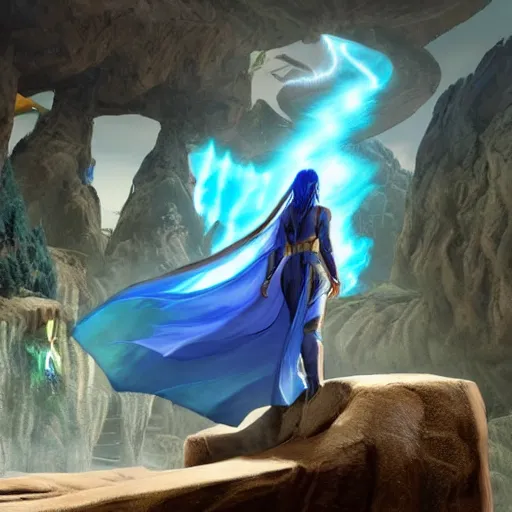 Image similar to a confident mage woman with long blue cape and brown flowing hair!! disovering ark survival evolved! inside a futuristic portal!!