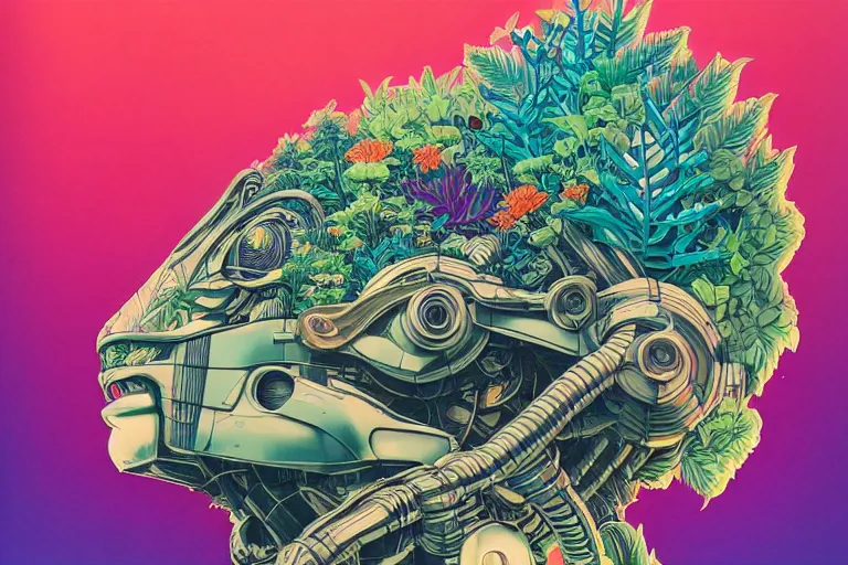 Image similar to gigantic mecha head, a lot of exotic vegetation, trees, flowers by moebius, dull colors, junji ito, tristan eaton, victo ngai, artgerm, rhads, ross draws, hyperrealism, intricate detailed, risograph