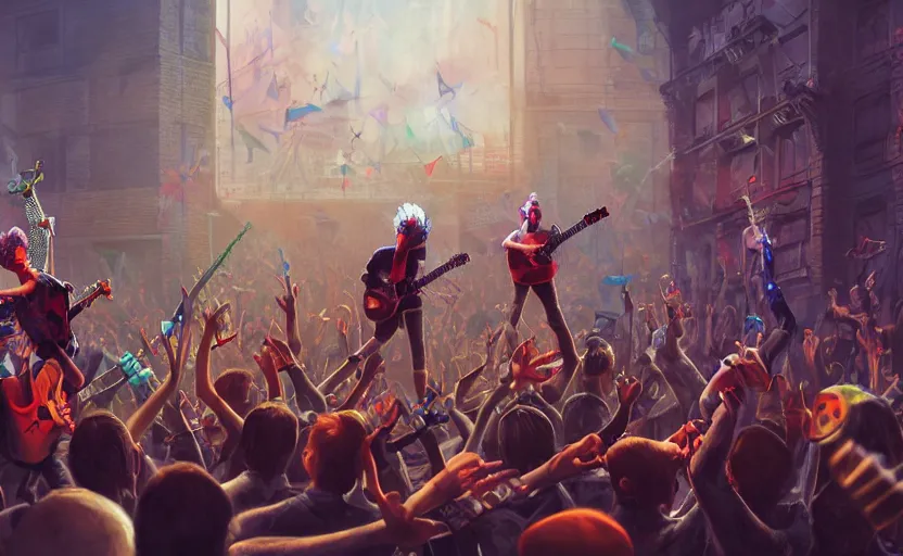 Image similar to 4 punks in school uniform with mohawks stand on stage with guitars and drums and microphones and yell day, foreground fight of ravers and punks, by marc simonetti, tyler edlin, deviantart, ray tracing, octane render, digital art, realistic, high quality, 8 k