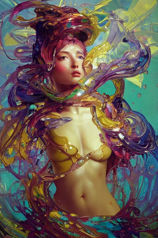 Prompt: an hiper intricate oil painting of a beautifull android woman surounded by melting colorfull wax drips, colorfull, excelent composition, wide shot, by yoshitaka amano, by ellen jewett, by greg rutkowski, by alphonse mucha by jeremyg lipkinng, by rhads, by ross tran, artstation, octane render