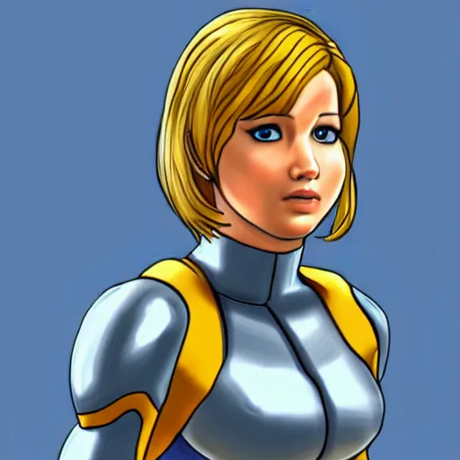 Image similar to jennifer lawrence as samus aran, animated, high resolution