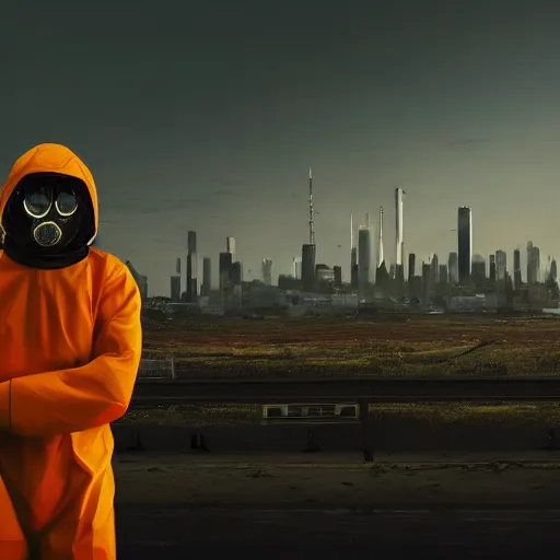 Image similar to a beautiful award-winning photo of the last man on Earth wearing a cybernetic hazmat suit, serene idyllic post-nuclear background, skyline of a derelict city in the background, volumetric lighting, very high quality, extremely detailed, subtle visual noise, 8K