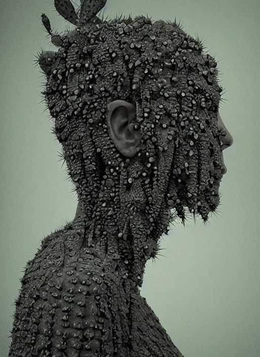 Image similar to a woman's face in profile, made of cactus spines, in the style of the Dutch masters and Gregory Crewdson, dark and moody