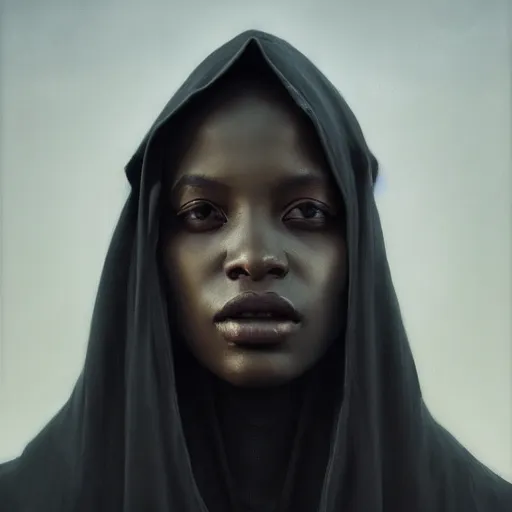 Image similar to a portrait of a young black woman wearing a long dark cloak, hood and shadows covering face, anatomically correct, beautiful perfect face, enigmatic, oil painting, matte painting, black background, Volumetric dynamic lighting, Highly Detailed, Cinematic Lighting, Unreal Engine, 8k, HD, by Beksinski