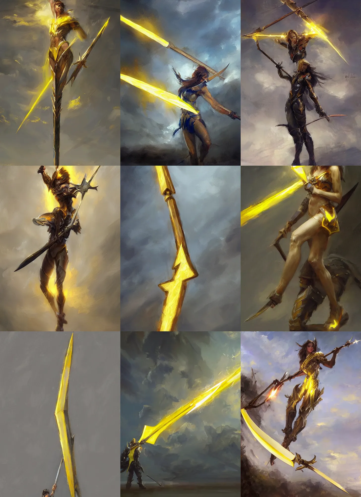 Prompt: a large yellow lightning bolt shaped like a spear by daniel gerhartz, trending on artstation