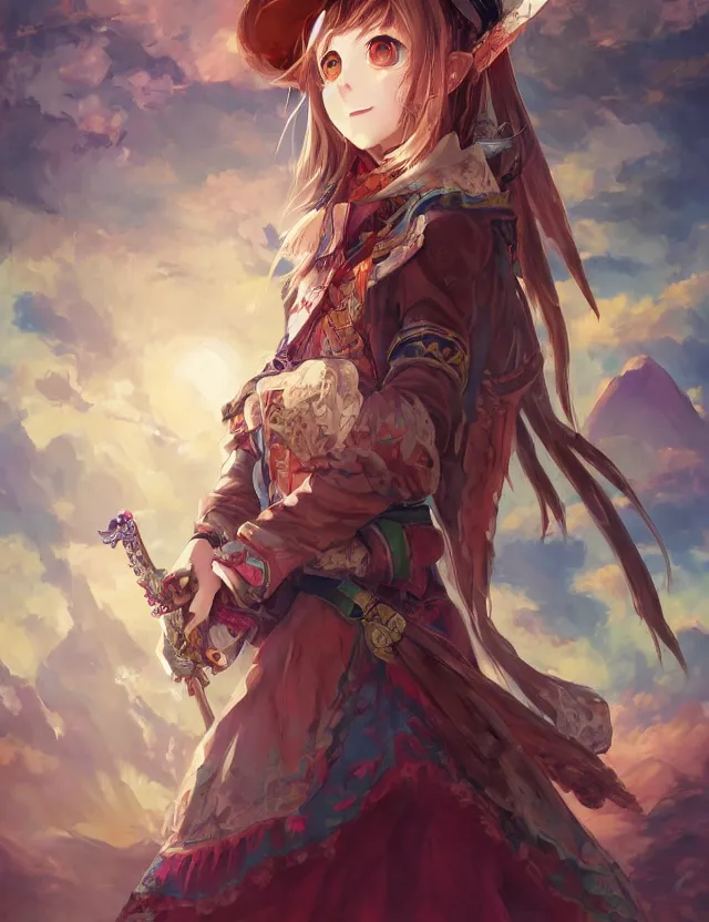Prompt: scenic wide angle portrait of a teenage girl, thrifty bard outfit, anime in fantasy style, trending artwork, painted in anime painter studio, by anato finstark, tony sart, marc simonetti and an anime artist, collaboration