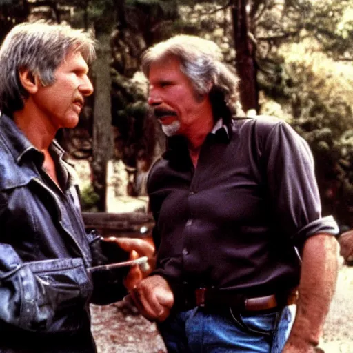 Image similar to movie still, 1 9 8 0 s, harrison ford and john carpenter talking