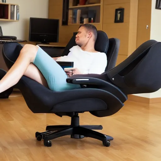 Prompt: person lounging in a computer chair, legs sprawled out left leg on the floor, right leg dangling over the right arm of the chair