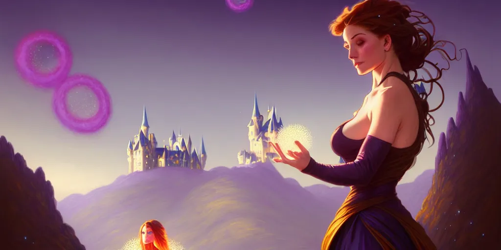 Image similar to a portrait of a fantasy female magician surrounded by magical particles stands on a hill. in the background on another hill stands a castle with mountains in the background, filled with magic, highly detailed, digital painting, artstation, smooth, sharp focus, illustration, art by artgerm and greg rutkowski and alphonse mucha