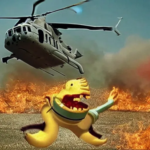 Image similar to macaroni and cheese monster attacking a helicopter. Still from a big budget action movie.