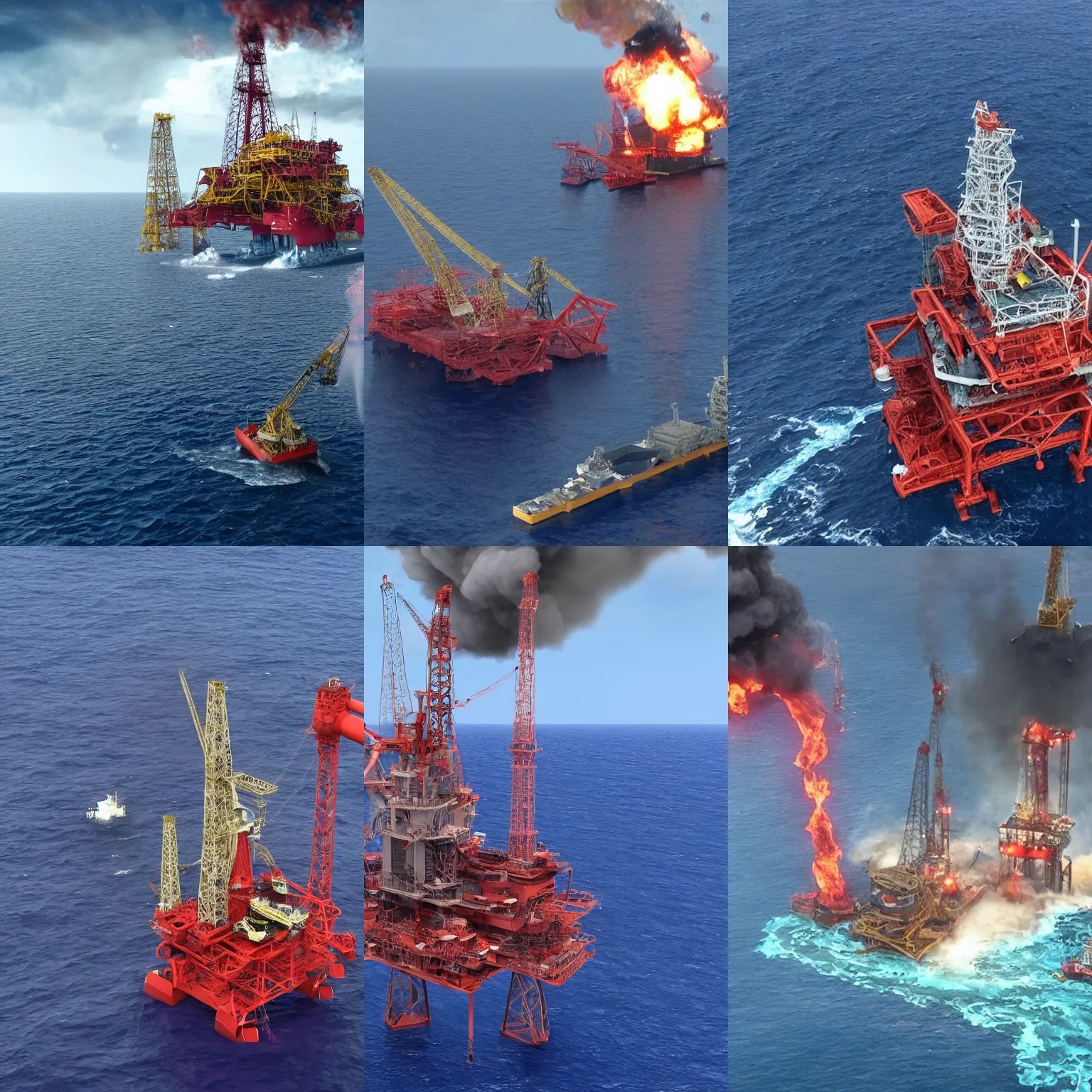 Prompt: an oil rig in the middle of the ocean being destroyed by a massive sea serpent, disaster, epic, high quality, 4k