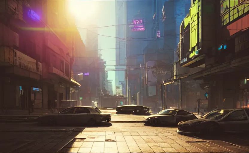 Image similar to photorealistic cyberpunk city streets. daylight. sunlight. lens flare. light fixtures. 8K. detailed. photorealism. artstation. 25mm f/1.7 ASPH Lens. ultra realistic