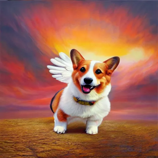 Image similar to a corgi with wings, flapping its wings flying in sunset sky, oil on canvas, portrait, intricate, 8k highly professionally detailed, HDR, CGsociety