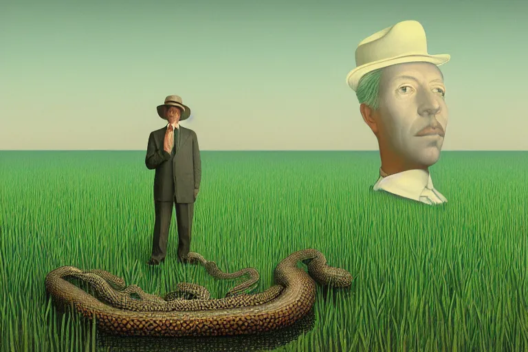 Image similar to snake oil researcher digging through the dense swamps of Formosa, painting by René Magritte, 3D render by Beeple, sketch by R. Crumb