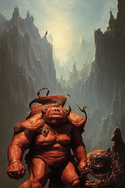 Image similar to a dungeons and dragons ogre, realistic oil painting by Thomas Cole and Wayne Barlowe