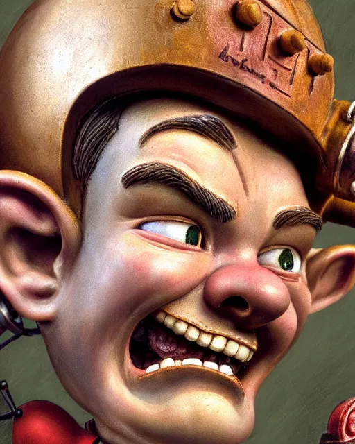 Image similar to highly detailed closeup, face profile portrait of a tin toy leonardo dicaprio as a medieval goblin eating cakes in a castle, hyper realistic, artstation, illustration, nicoletta ceccoli, mark ryden, lostfish, dan decarlo, bob clampett, max fleischer, digital paint, matte paint, vivid colors, detailed and intricate environment