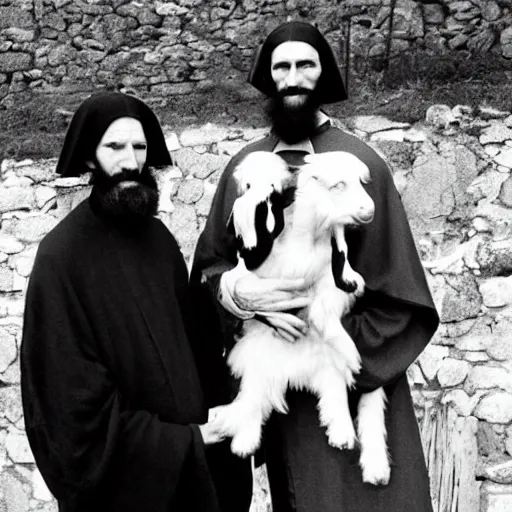 Image similar to photo of breton monks looking like rasputin with a dog and a goat, village ritualistic