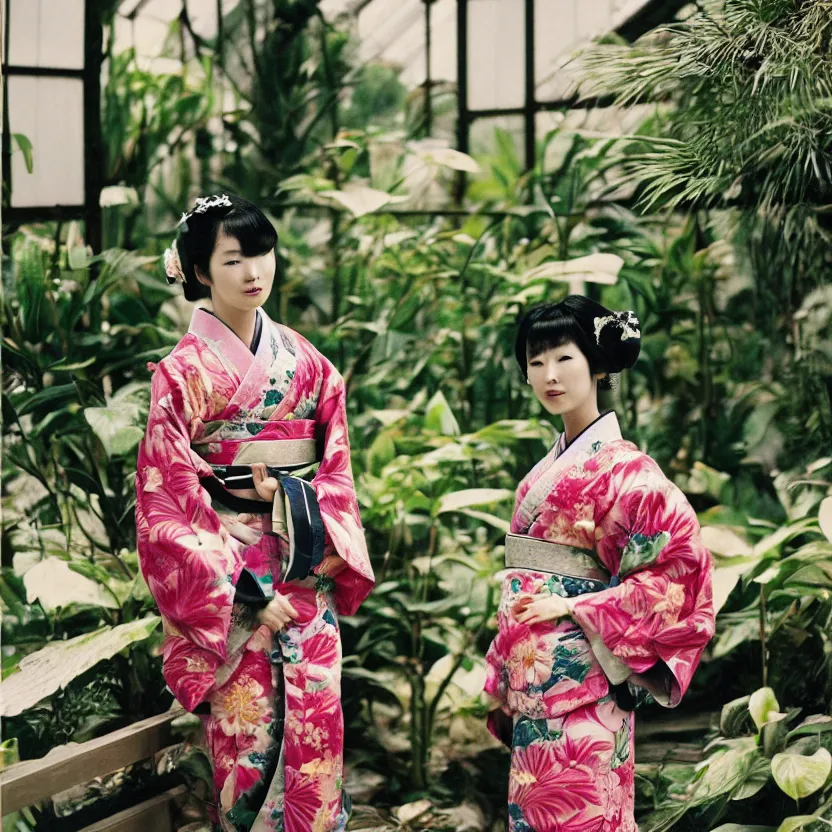 Prompt: fashion photograph of a pretty Japanese woman wearing a traditional kimono in an tropical greenhouse, by Annie Leibowitz, extremely detailed, large format camera, Fuji Provia film, 85mm lens, bokeh blurred background, photorealistic, trending on instagram, trending on artstation