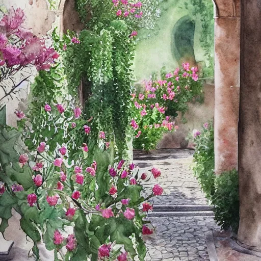 Image similar to delicate, garden, paved, botanic watercolors, iridescent, 8 k, realistic shaded, fine details, artstation, italian, chairs, gate, oak tree, pompeii