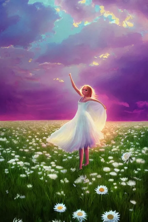 Prompt: veil made of giant white daisy flower, girl dancing in a flower field, surreal photography, sunrise, dramatic light, impressionist painting, colorful clouds, digital painting, artstation, simon stalenhag