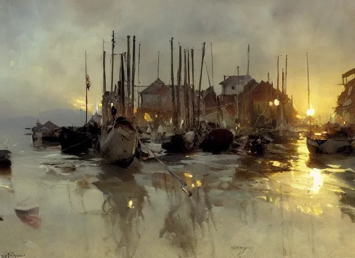 Image similar to oil painting of fishing village in dawn by anders zorn, wonderful art by greg rutkowski, incredible lighting, shadows, beautiful cinematic light, american romanticism by greg manchess, very bright and optimistic