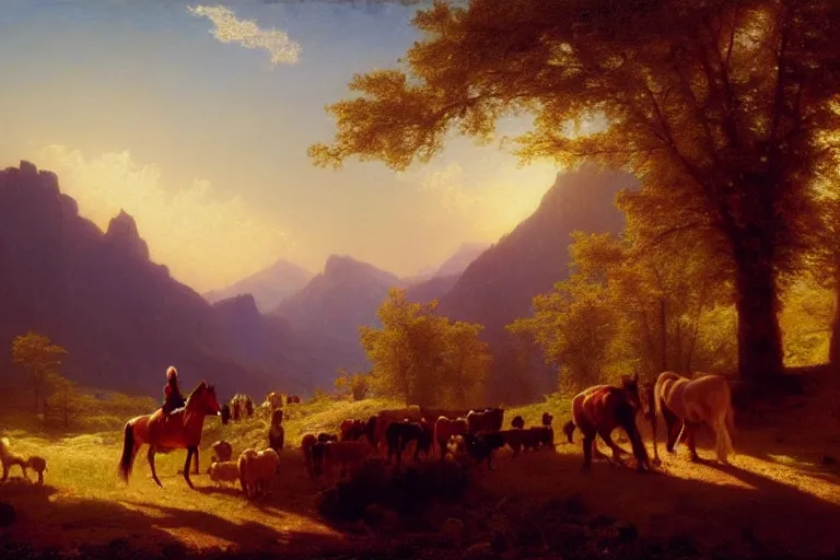 Prompt: scenic western mountain landscape with horses and a woman wearing a white traditional dress, oil on canvas, radiant light, artstation, Alfred Bierstadt