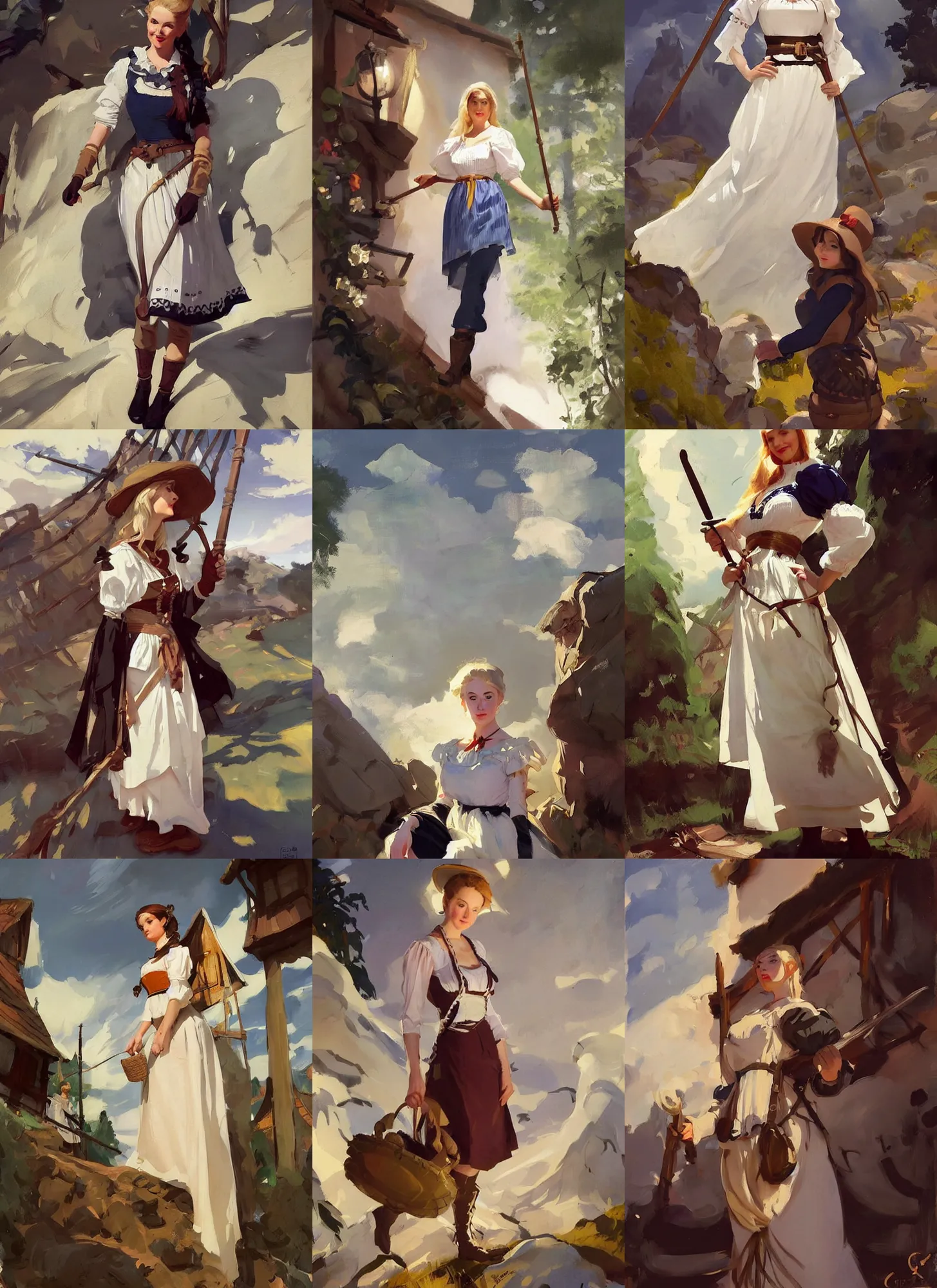 Prompt: finnish norway scandinavian attractive village maiden wearing dirndl, jodhpurs greg manchess painting by sargent and leyendecker, studio ghibli, fantasy, medium shot, asymmetrical, intricate, elegant, matte painting, illustration, hearthstone, by greg rutkowski, by greg tocchini, by james gilleard, by joe fenton