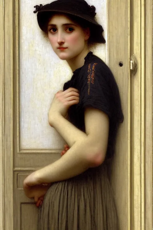 Image similar to lady in thought by auguste toulmouche and bouguereau, perfect detailed eyes, pale skin, blonde hair, leaning on door