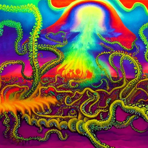 Image similar to a painting of a lovecraftian landscape in a psychedelic world