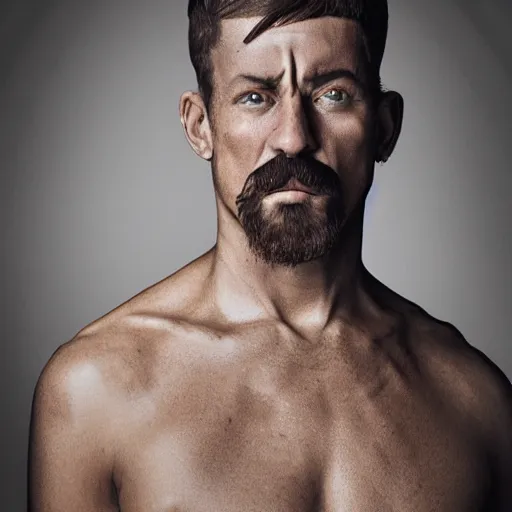 Image similar to 8K Photography from a Male muscled short haired satyr , goatee, by Jimmy Nelson