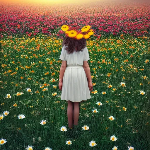 Image similar to full body daisy flower head girl standing in a flower field, her head is hidden behind the huge daisy flower,. surreal photography, sunrise, dramatic light, impressionist painting, colorful clouds, digital painting, artstation, simon stalenhag