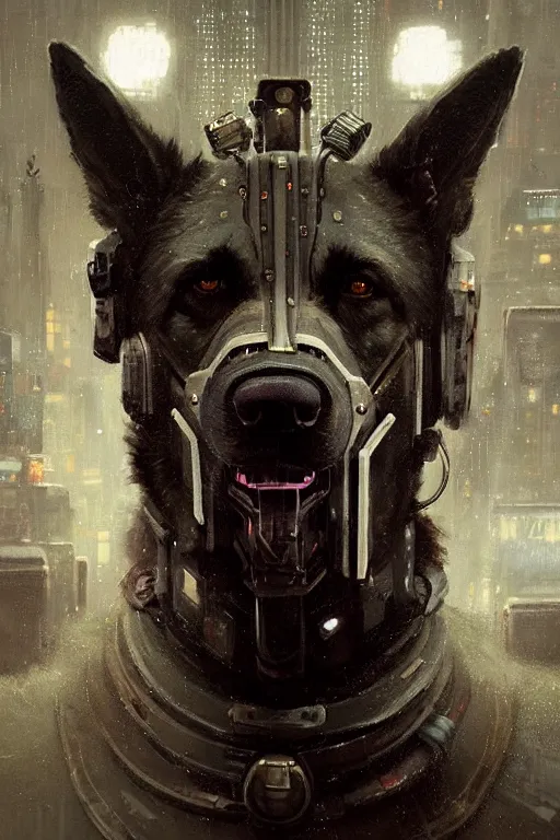 Image similar to new york city portrait of furry anthro anthropomorphic german shepard head animal person fursona wearing clothes strange cybernetic augmentations cyber muzzle gloomy rainy cyberpunk digital art by Greg Rutkowski, Simon Stalenhag, trending on Artstation, CGSociety