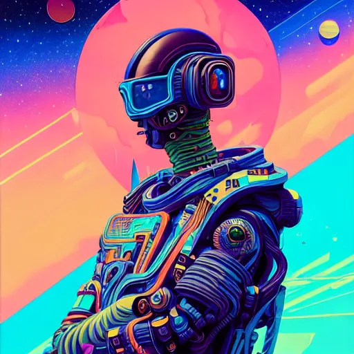 Image similar to high quality high detail portrait of a cyber diesel punk in an alien world,, tristan eaton, victo ngai, artgerm, rhads, ross draws, hyperrealism, intricate detailed, alphonse mucha, 8 k, sci - fi, pastel colors, artstation,