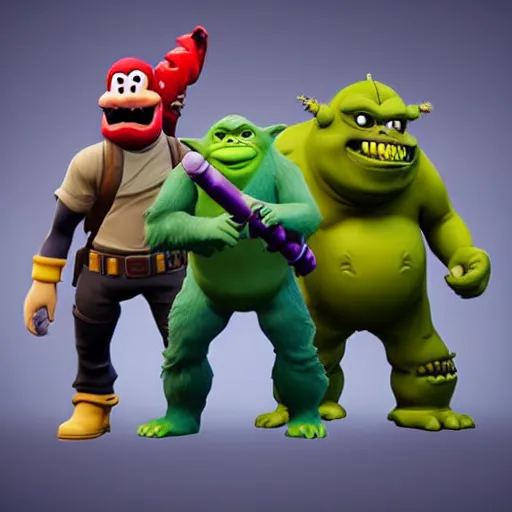 Image similar to fortnite godzilla yoda donkey kong pikachu yeti shrek super mario homer groot waluigi darth vader mike wazowski, highly detailed, extremely high quality, hd, 4 k, 8 k, professional photographer, 4 0 mp, lifelike, top - rated, award winning, cinematic, realistic, detailed lighting, detailed shadows, sharp, no blur, edited, corrected, trending