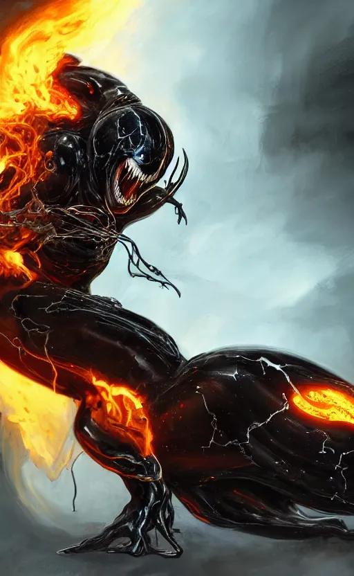 Image similar to venom as ghost rider on a motorcycle, dynamic lighting, photorealistic fantasy concept art, trending on art station, stunning visuals, terrifying, creative, cinematic