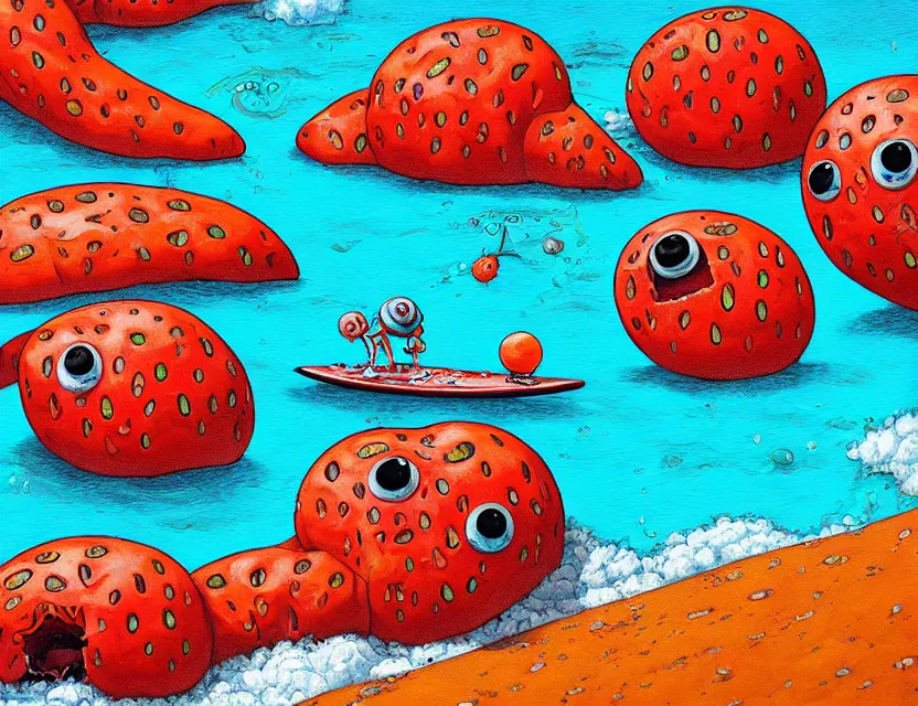 Prompt: a funny detailed high resolution painting with rough brush of a lazy red burned tomato with many googly eyes on a beach to hot for the sun, big piles of strawberry icecream surfing on a sunset by james jean