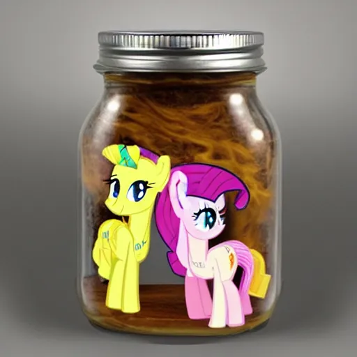 Image similar to a my little pony figure in a jar covered in a mysterious sticky yellowish fluid